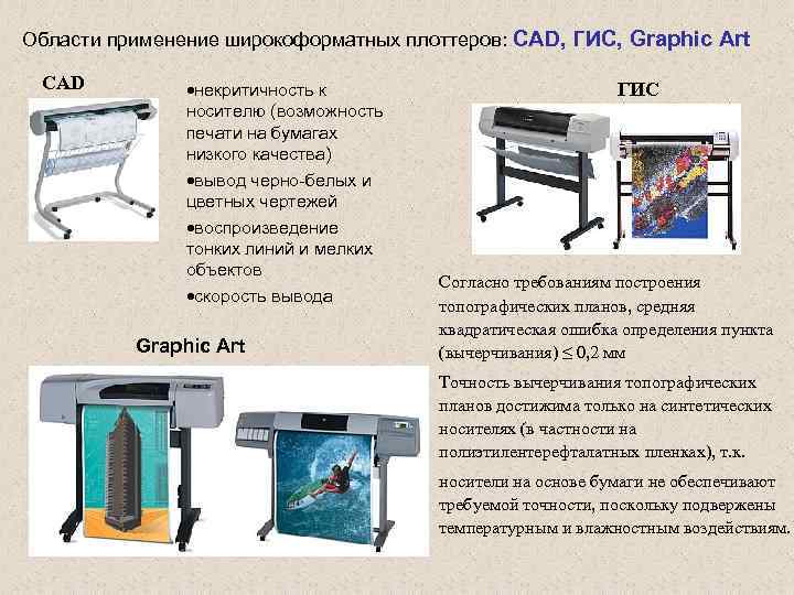 Области применение широкоформатных плоттеров: CAD, ГИС, Graphic Art CAD некритичность к носителю (возможность печати