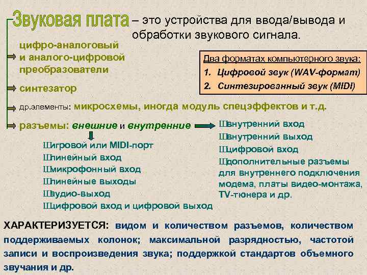 цифро-аналоговый и аналого-цифровой преобразователи – это устройства для ввода/вывода и обработки звукового сигнала. Два
