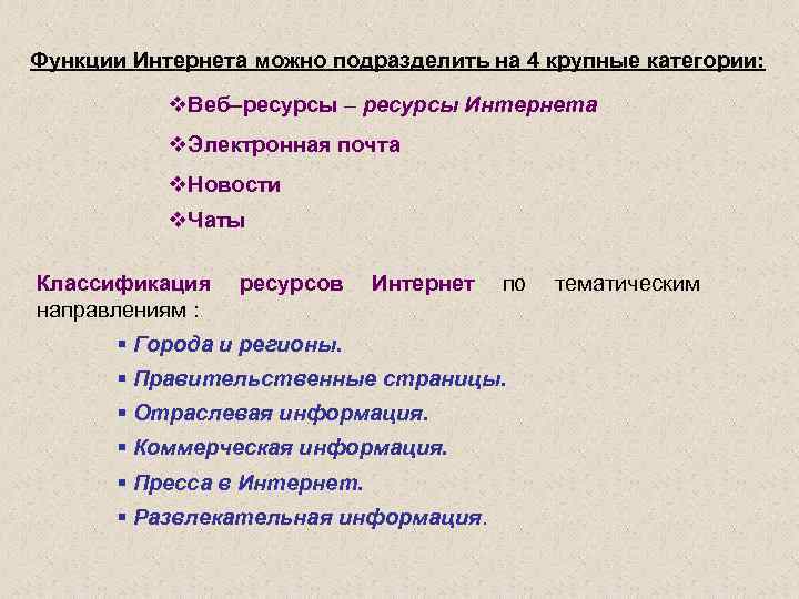 Функции Интернета можно подразделить на 4 крупные категории: v. Веб–ресурсы – ресурсы Интернета v.