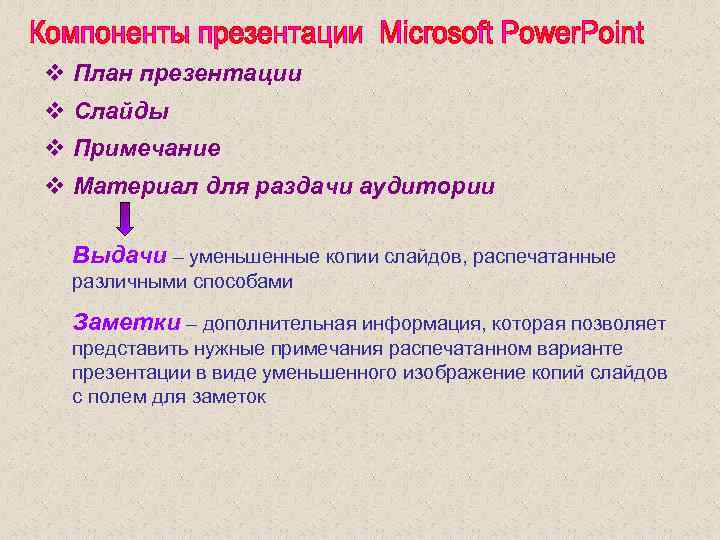 v План презентации v Слайды v Примечание v Материал для раздачи аудитории Выдачи –