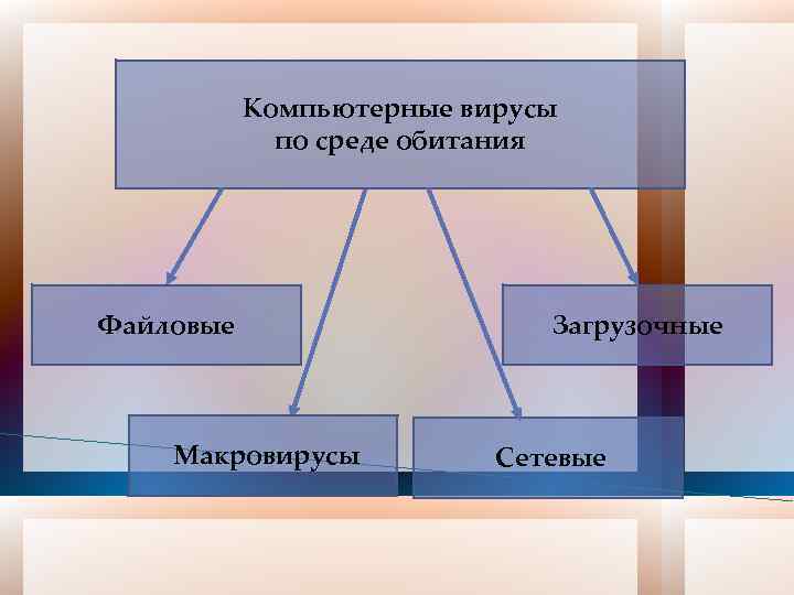 Компьютерные вирусы по среде обитания Файловые Макровирусы Загрузочные Сетевые 