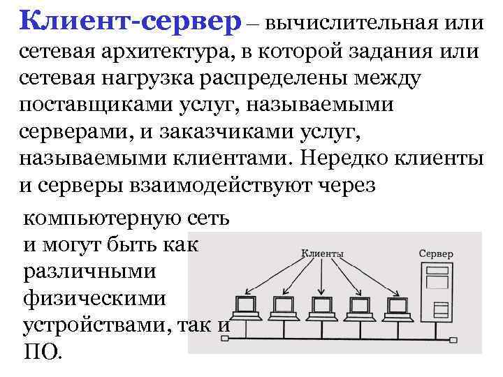 Клиент-сервер — вычислительная или сетевая архитектура, в которой задания или сетевая нагрузка распределены между