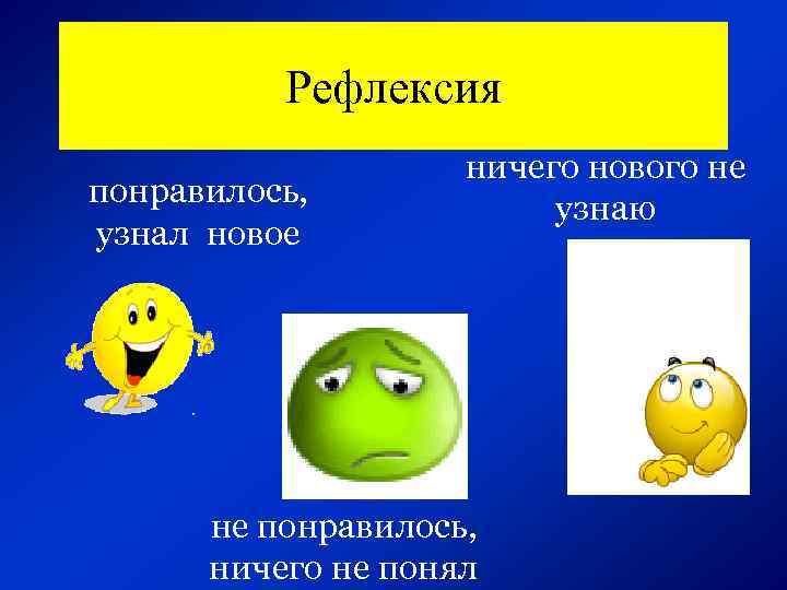 Рефлексия понравилось, узнал новое ничего нового не узнаю не понравилось, ничего не понял 