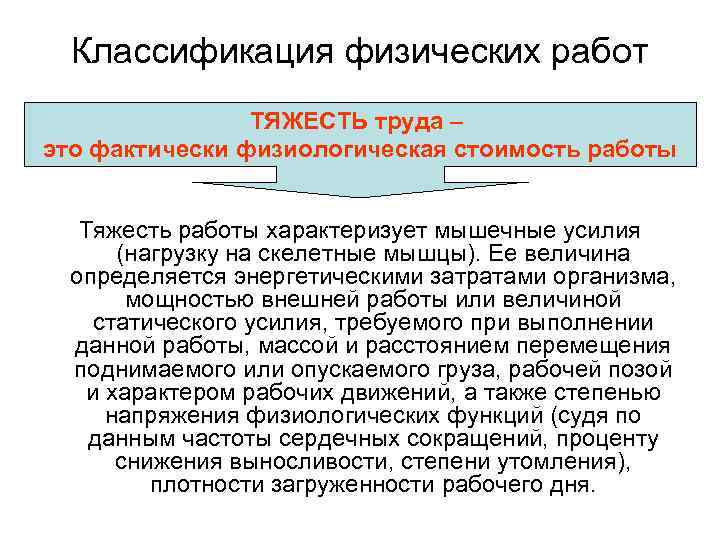 Классификация физических работ ТЯЖЕСТЬ труда – это фактически физиологическая стоимость работы Тяжесть работы характеризует