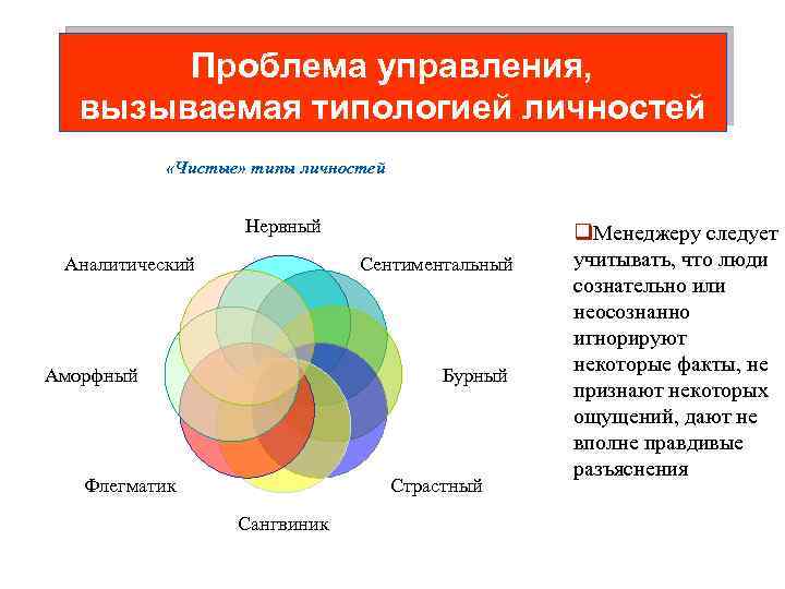 Проблема управления, вызываемая типологией личностей «Чистые» типы личностей Нервный Аналитический Сентиментальный Аморфный Бурный Флегматик