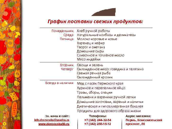 График поставки свежих продуктов: Понедельник Хлеб ручной работы Среда Натуральные колбасы и деликатесы Пятница