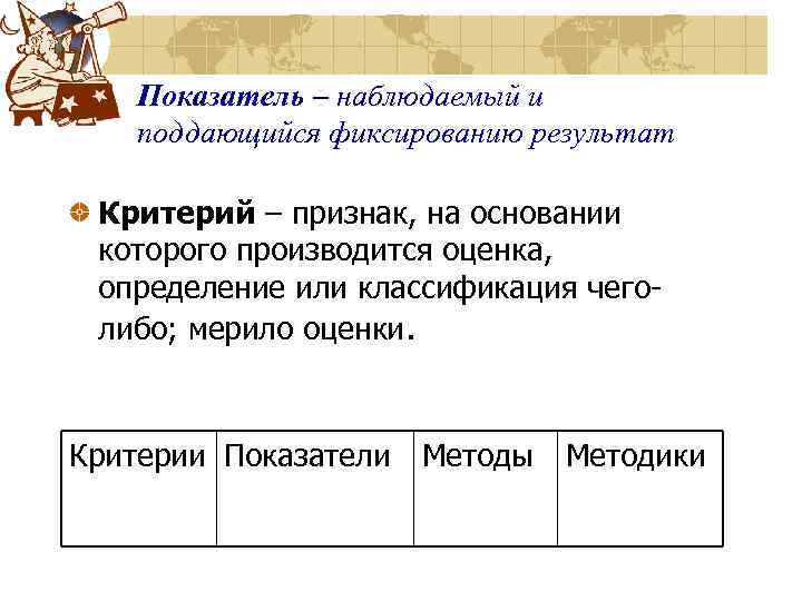Показатель – наблюдаемый и поддающийся фиксированию результат Критерий – признак, на основании которого производится
