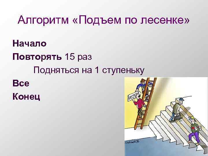 Алгоритм «Подъем по лесенке» Начало Повторять 15 раз Подняться на 1 ступеньку Все Конец