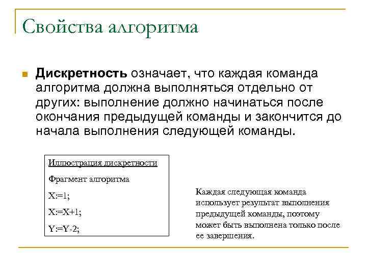 Свойство дискретности алгоритма означает