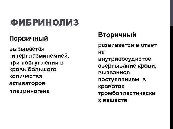 ФИБРИНОЛИЗ Первичный вызывается гиперплазминемией, при поступлении в кровь большого количества активаторов плазминогена Вторичный развивается