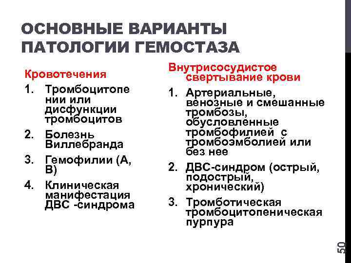 ОСНОВНЫЕ ВАРИАНТЫ ПАТОЛОГИИ ГЕМОСТАЗА Внутрисосудистое свертывание крови 1. Артериальные, венозные и смешанные тромбозы, обусловленные