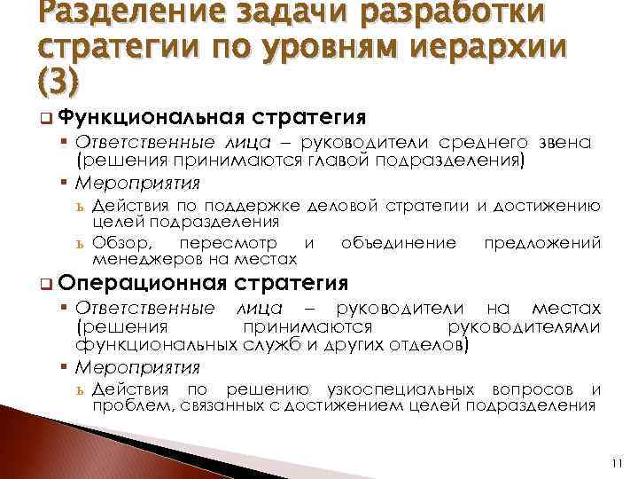Разделение задачи разработки стратегии по уровням иерархии (3) q Функциональная стратегия § Ответственные лица