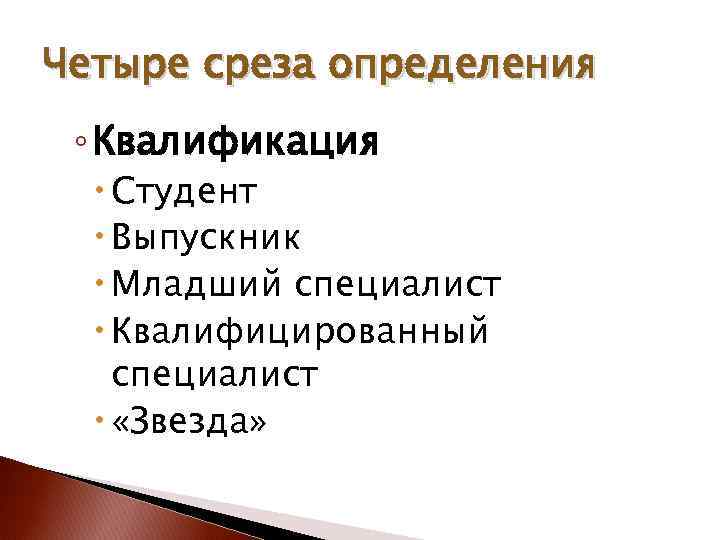Четыре среза определения ◦ Квалификация Студент Выпускник Младший специалист Квалифицированный специалист «Звезда» 