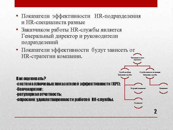  • Показатели эффективности HR-подразделения и HR-специалиста разные • Заказчиком работы HR-службы является Генеральный