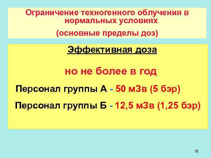 Ограничение техногенного облучения в нормальных условиях (основные пределы доз) Эффективная доза но не более