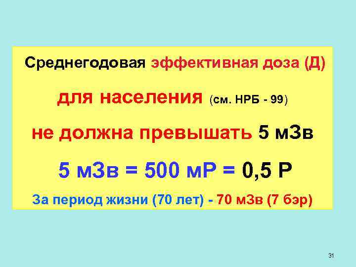 Среднегодовая эффективная доза (Д) для населения (см. НРБ - 99) не должна превышать 5