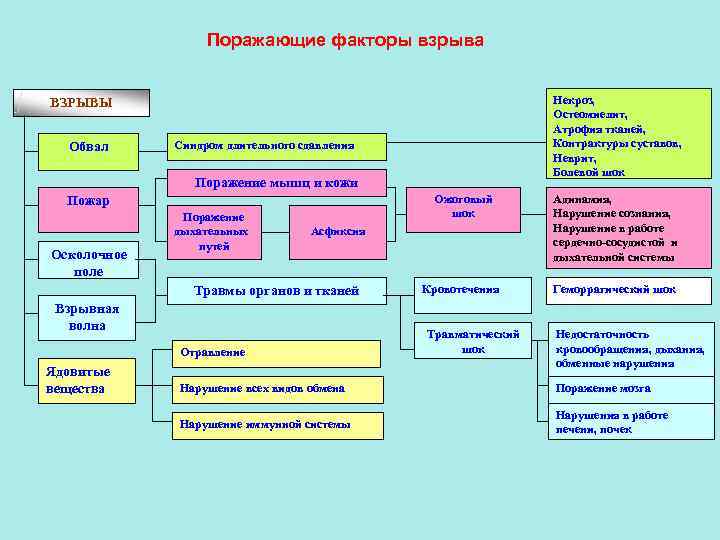 Поражающие факторы взрыва Некроз, Остеомиелит, Атрофия тканей, Контрактуры суставов, Неврит, Болевой шок ВЗРЫВЫ Обвал