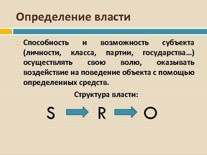 Определение власти Способность и возможность субъекта (личности, класса, партии, государства…) осуществлять свою волю, оказывать