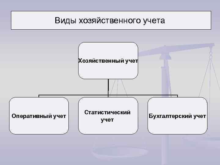 Виды хозяйственного учета Хозяйственный учет Оперативный учет Статистический учет Бухгалтерский учет 