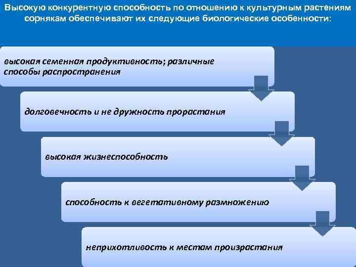 Высокую конкурентную способность по отношению к культурным растениям сорнякам обеспечивают их следующие биологические особенности: