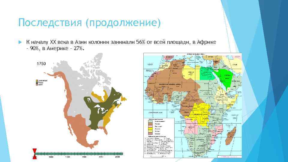 Последствия (продолжение) К началу XX века в Азии колонии занимали 56% от всей площади,