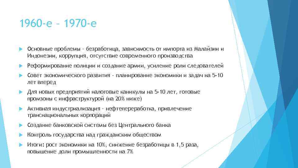 1960 -е – 1970 -е Основные проблемы – безработица, зависимость от импорта из Малайзии