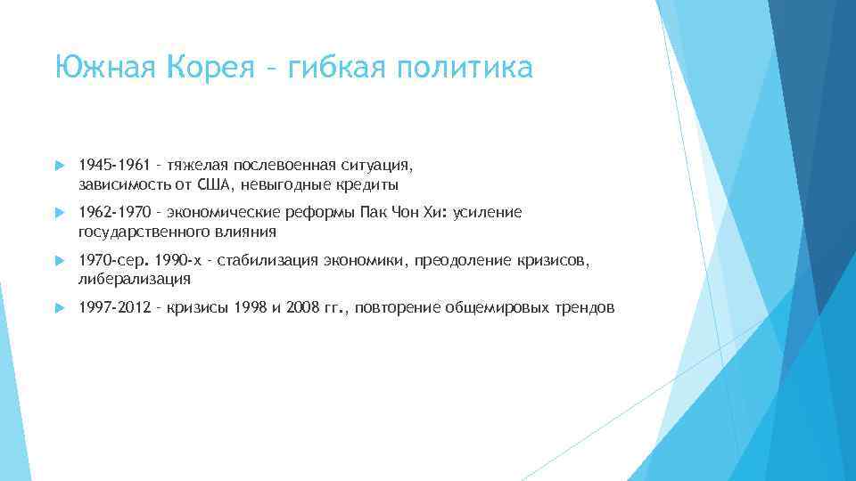 Южная Корея – гибкая политика 1945 -1961 – тяжелая послевоенная ситуация, зависимость от США,