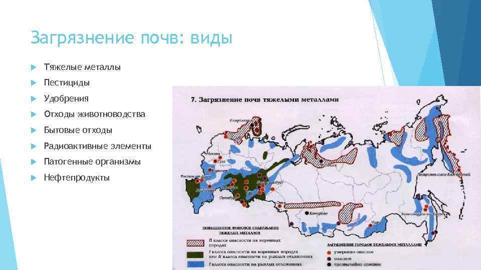 Загрязнение почв: виды Тяжелые металлы Пестициды Удобрения Отходы животноводства Бытовые отходы Радиоактивные элементы Патогенные