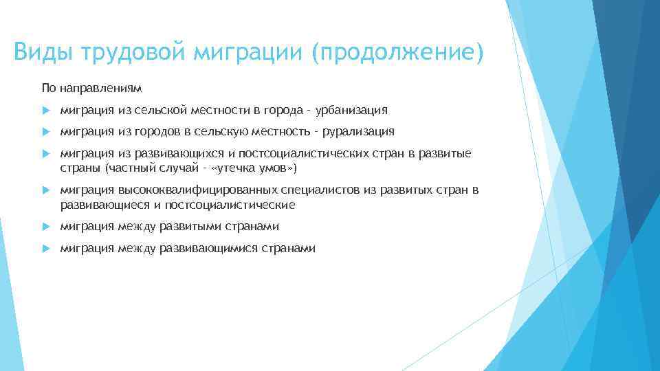 Виды трудовой миграции (продолжение) По направлениям миграция из сельской местности в города – урбанизация