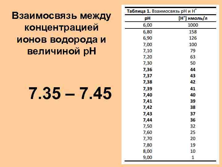 Взаимосвязь между концентрацией ионов водорода и величиной p. H 7. 35 – 7. 45