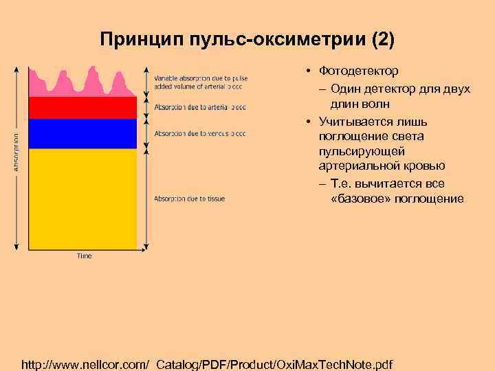 Принцип пульс-оксиметрии (2) • Фотодетектор – Один детектор для двух длин волн • Учитывается