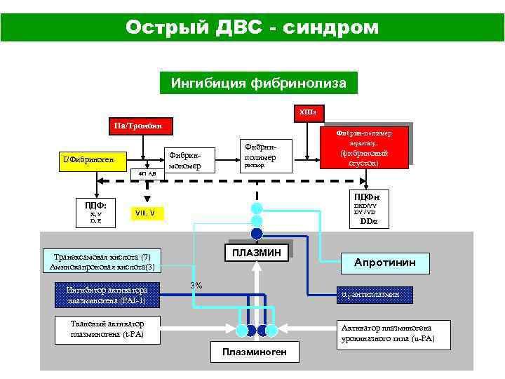 Острый ДВС - синдром Ингибиция фибринолиза XIIIa IIa/Тромбин Фибрин-полимер Фибринмономер I/Фибриноген Фибринполимер раствор. нераствор.