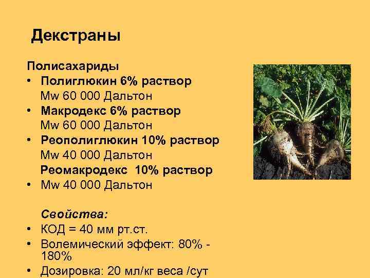 Декстраны Полисахариды • Полиглюкин 6% раствор Mw 60 000 Дальтон • Макродекс 6% раствор