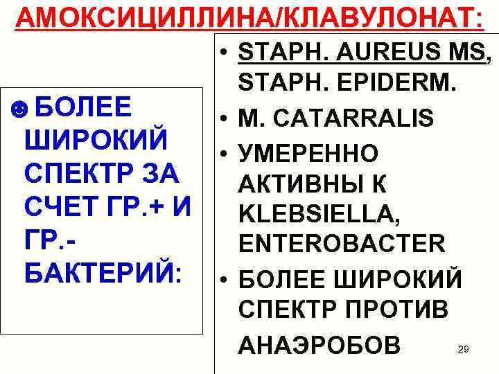 АМОКСИЦИЛЛИНА/КЛАВУЛОНАТ: • STAPH. AUREUS MS, STAPH. EPIDERM. ☻БОЛЕЕ • M. CATARRALIS ШИРОКИЙ • УМЕРЕННО
