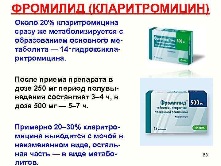 ФРОМИЛИД (КЛАРИТРОМИЦИН) Около 20% кларитромицина сразу же метаболизируется с образованием основного метаболита — 14‑гидроксикларитромицина.