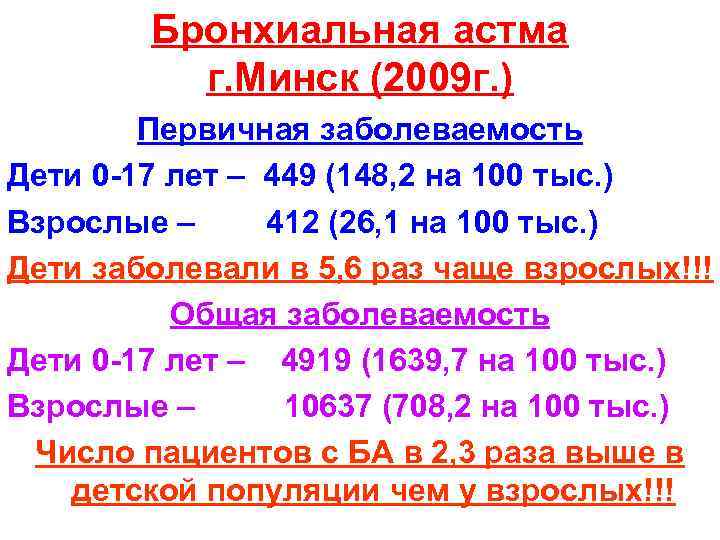 Бронхиальная астма г. Минск (2009 г. ) Первичная заболеваемость Дети 0 -17 лет –