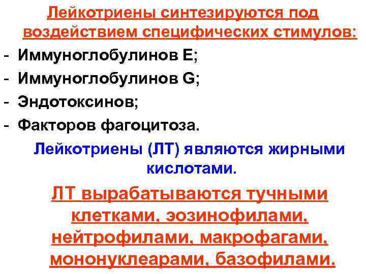 - Лейкотриены синтезируются под воздействием специфических стимулов: Иммуноглобулинов Е; Иммуноглобулинов G; Эндотоксинов; Факторов фагоцитоза.