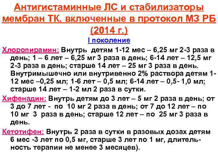Антигистаминные ЛС и стабилизаторы мембран ТК, включенные в протокол МЗ РБ (2014 г. )