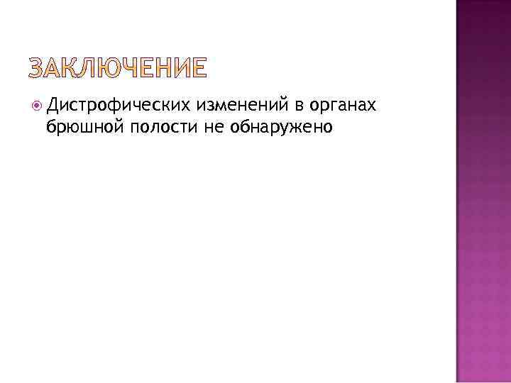  Дистрофических изменений в органах брюшной полости не обнаружено 