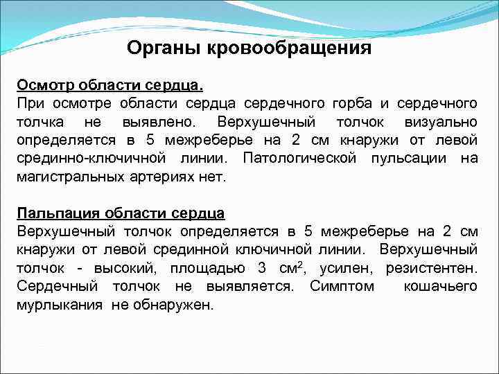 Органы кровообращения Осмотр области сердца. При осмотре области сердца сердечного горба и сердечного толчка