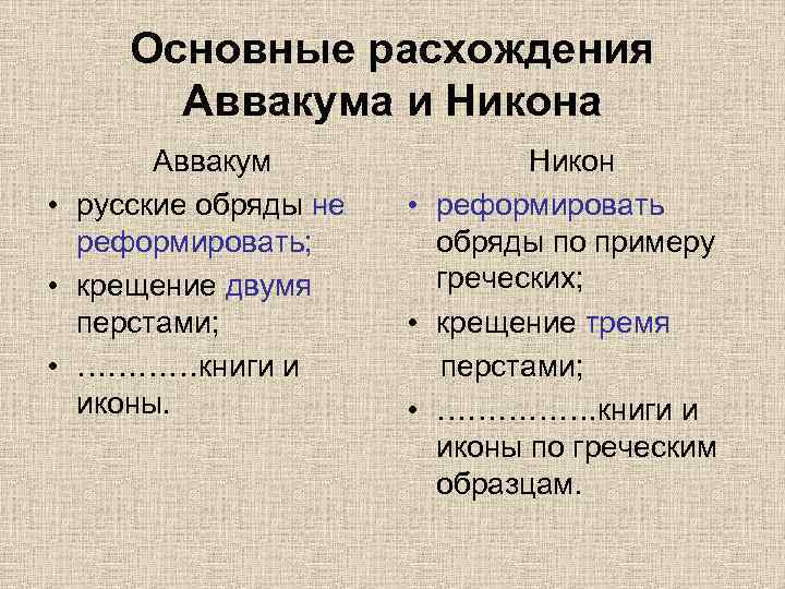Основные расхождения Аввакума и Никона Аввакум • русские обряды не реформировать; • крещение двумя