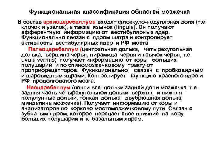 Функциональная классификация областей мозжечка В состав архиоцеребеллума входят флоккуло-нодулярная доля (т. е. клочок и