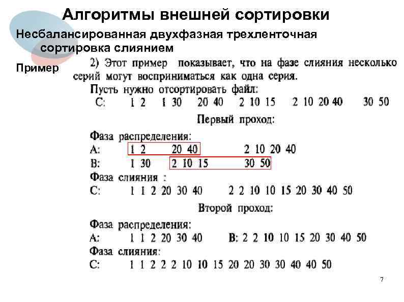 Алгоритмы внешней сортировки Несбалансированная двухфазная трехленточная сортировка слиянием Пример 7 