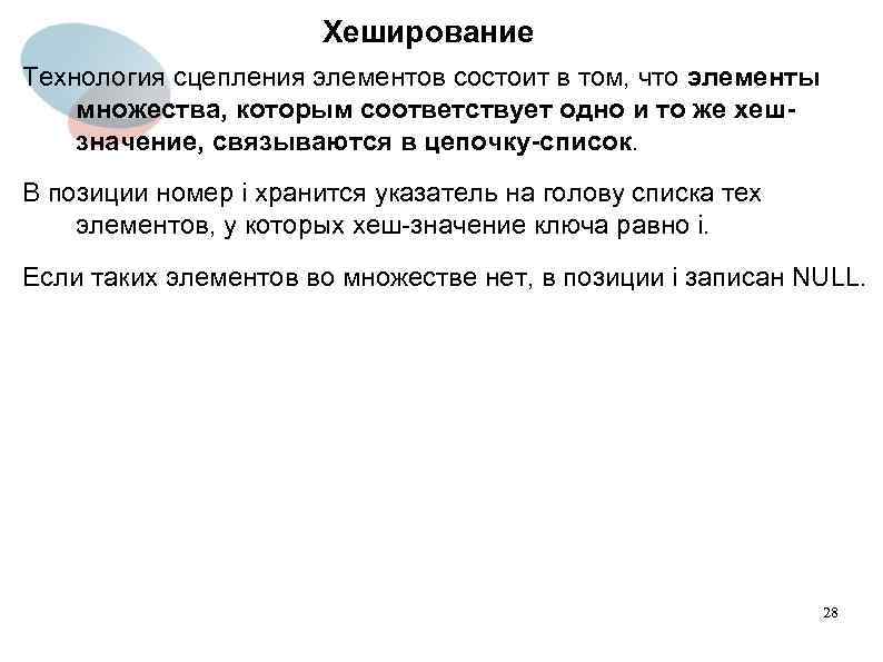 Хеширование Технология сцепления элементов состоит в том, что элементы множества, которым соответствует одно и