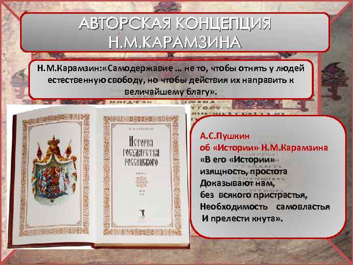 АВТОРСКАЯ КОНЦЕПЦИЯ Н. М. КАРАМЗИНА Н. М. Карамзин: «Самодержавие … не то, чтобы отнять