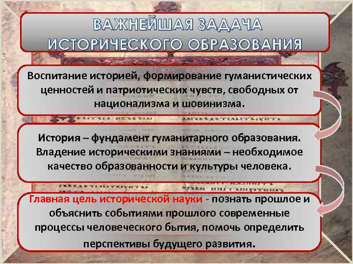 ВАЖНЕЙШАЯ ЗАДАЧА ИСТОРИЧЕСКОГО ОБРАЗОВАНИЯ Воспитание историей, формирование гуманистических ценностей и патриотических чувств, свободных от