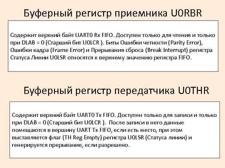 Буферный регистр приемника U 0 RBR Содержит верхний байт UART 0 Rx FIFO. Доступен