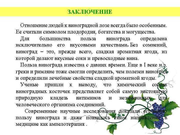 ЗАКЛЮЧЕНИЕ Отношение людей к виноградной лозе всегда было особенным. Ее считали символом плодородия, богатства