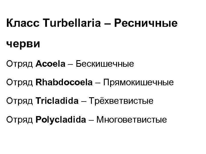 Класс Turbellaria – Ресничные черви Отряд Acoela – Бескишечные Отряд Rhabdocoela – Прямокишечные Отряд