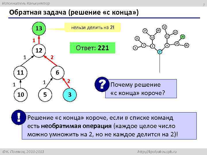 Исполнитель Калькулятор 7 Обратная задача (решение «с конца» ) 13 нельзя делить на 2!